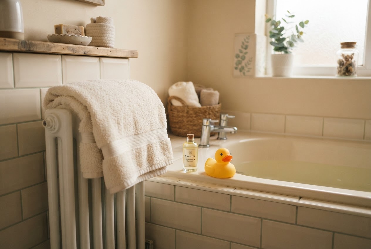 Vorgewärmtes Handtuch auf der Heizung neben der Badewanne mit Badeente und Babyöl fürs Baby baden