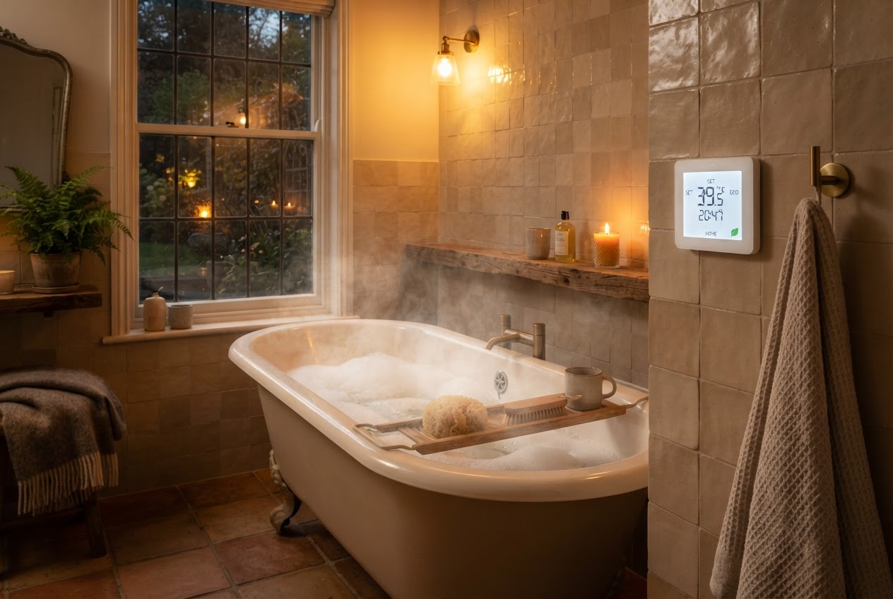 Gefuellte Badewanne mit Dampf und Wandthermostat in warmem Abendlicht