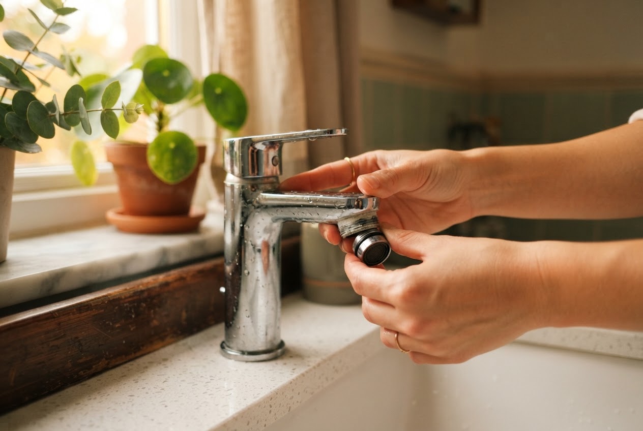 Perlator am Wasserhahn wird zum Reinigen abgeschraubt