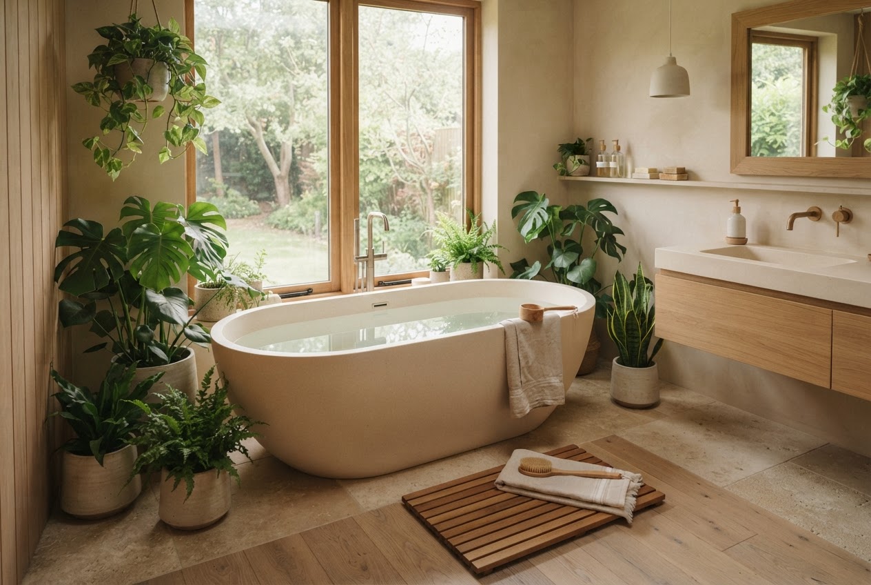 Ökologisches Badezimmer mit Pflanzen und einer nur halb gefüllten Badewanne