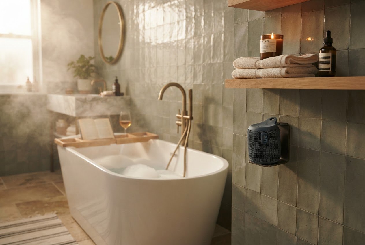 Wasserdichter Bluetooth-Speaker in einer Wandhalterung neben einer freistehenden Badewanne