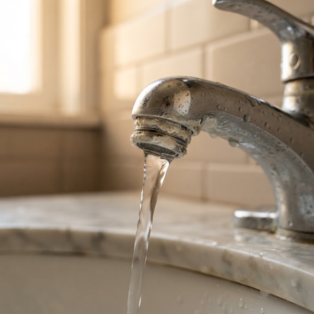 Wasserhahn aus Chrom mit Kalkablagerungen am Auslauf – Zeichen für hartes Wasser