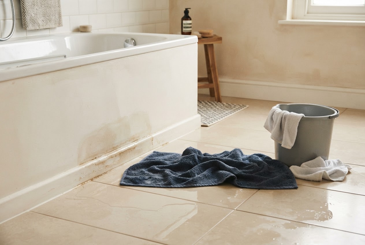 Wasserschaden im Badezimmer mit Pfütze auf den Fliesen neben der Badewanne