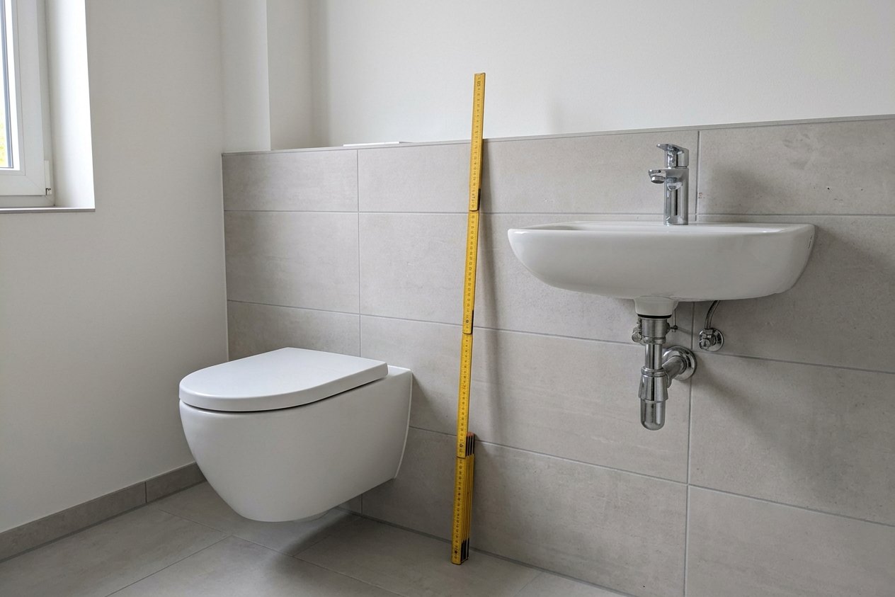 WC-Höhe und Waschbecken-Höhe nach Norm: Wand-WC neben Waschbecken, Zollstock an der Wand angelegt