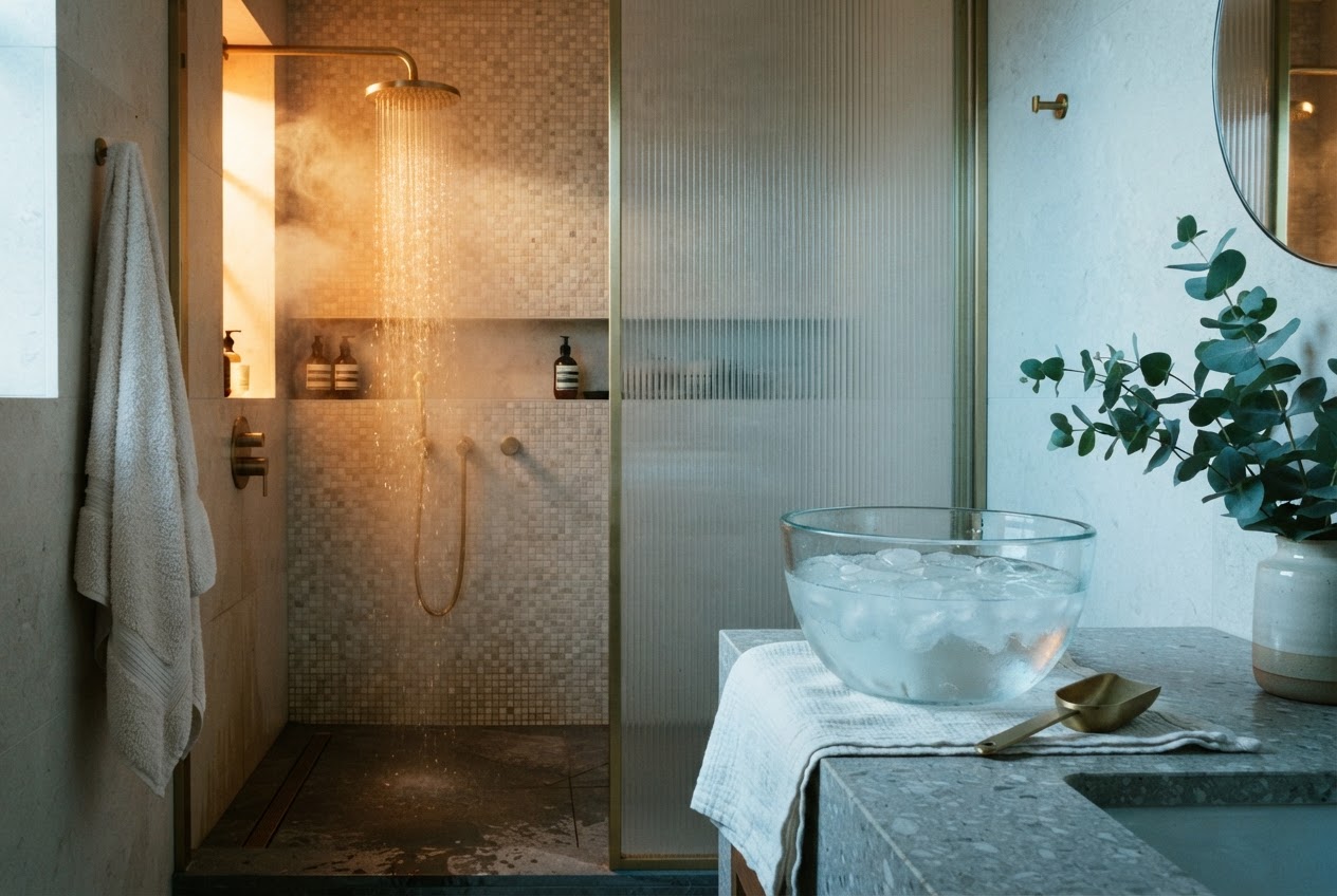 Warme Dusche und eine Schale mit Eiswasser nebeneinander – Wechselbad als Kreislauftraining
