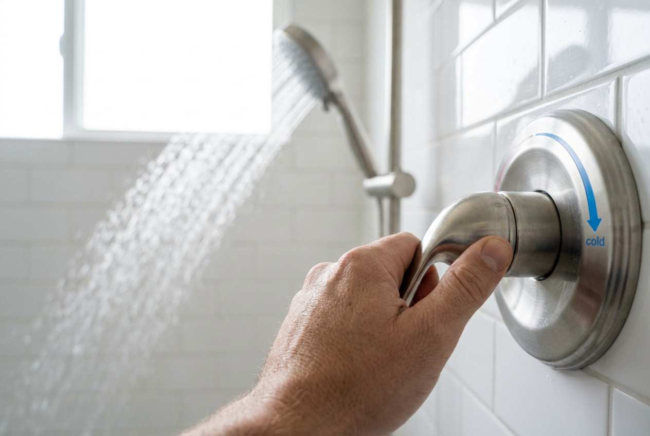 Hand dreht den Duschthermostat auf kalt für die Wechseldusche