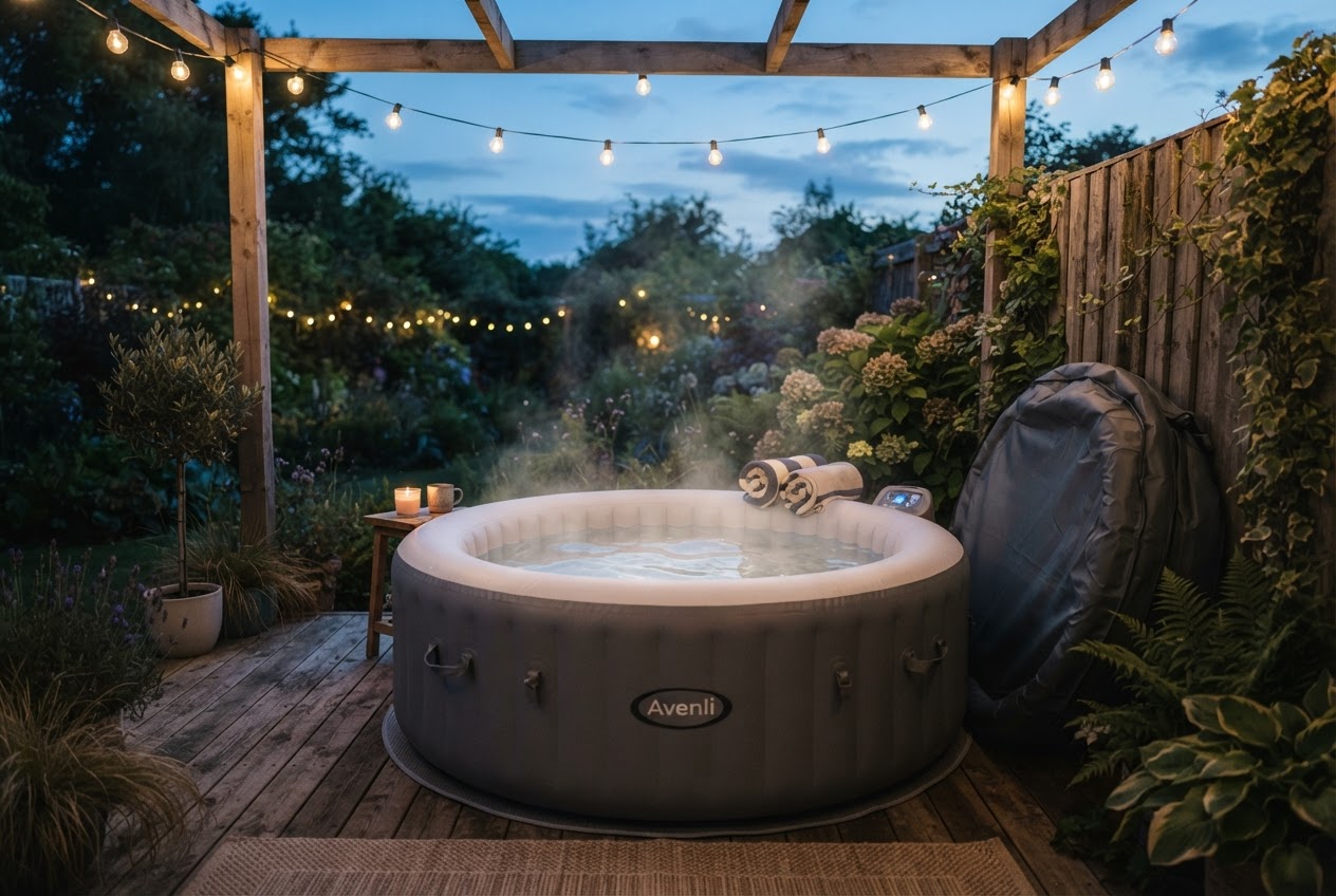 Aufblasbarer Whirlpool auf einer Holzterrasse in der Abenddaemmerung mit dampfendem Wasser und Lichterkette