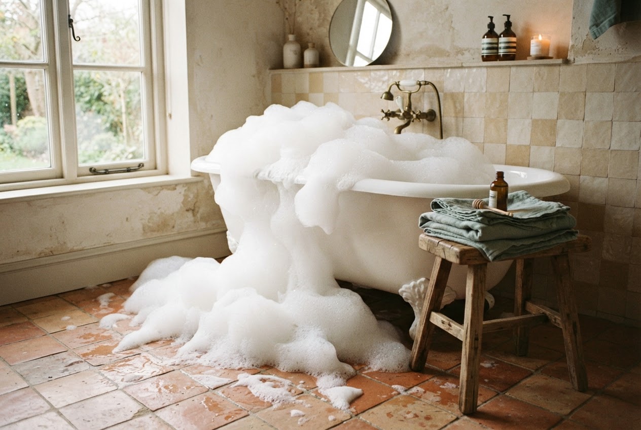 Badewanne mit viel zu viel Schaum durch überdosiertes Schaumbad